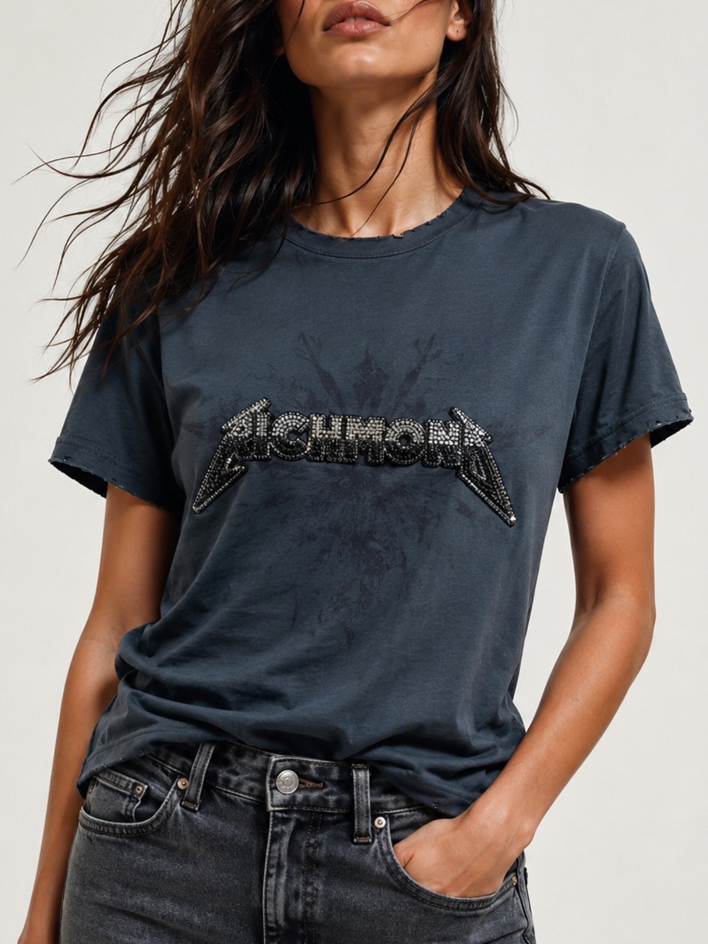 Richmond Black Short Sleeve Logo Tee with Embellished Script